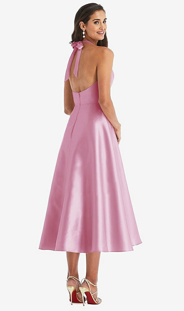 Back View - Powder Pink Tie-Neck Halter Full Skirt Satin Midi Dress