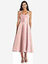 Front View Thumbnail - Rose - PANTONE Rose Quartz Tie-Neck Halter Full Skirt Satin Midi Dress