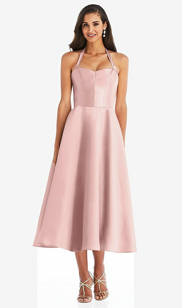 Front View - Rose - PANTONE Rose Quartz Tie-Neck Halter Full Skirt Satin Midi Dress