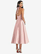 Rear View Thumbnail - Rose - PANTONE Rose Quartz Tie-Neck Halter Full Skirt Satin Midi Dress