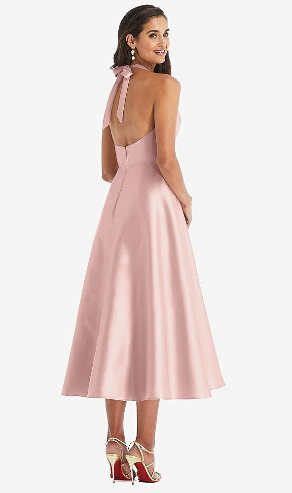Back View - Rose - PANTONE Rose Quartz Tie-Neck Halter Full Skirt Satin Midi Dress