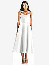 Front View Thumbnail - White Tie-Neck Halter Full Skirt Satin Midi Dress