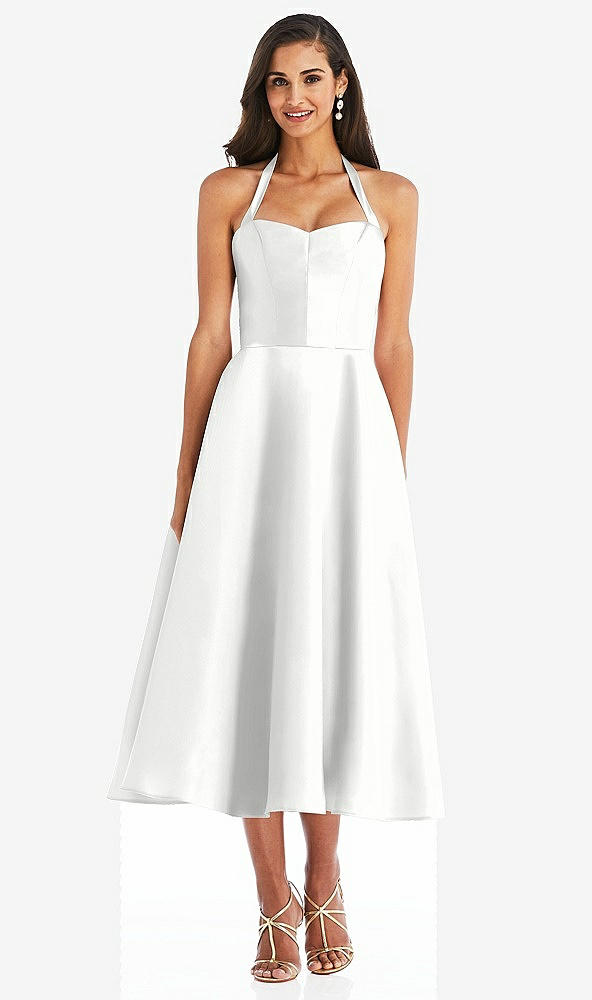 Front View - White Tie-Neck Halter Full Skirt Satin Midi Dress