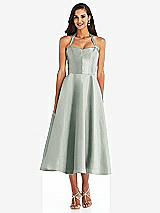 Front View Thumbnail - Willow Green Tie-Neck Halter Full Skirt Satin Midi Dress