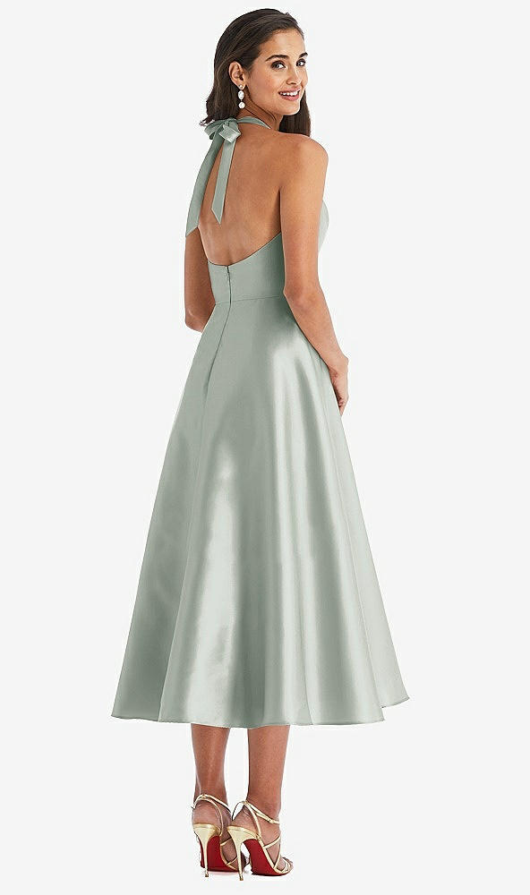 Back View - Willow Green Tie-Neck Halter Full Skirt Satin Midi Dress