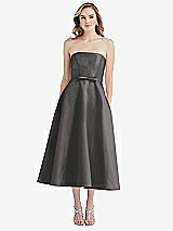 Front View Thumbnail - Caviar Gray Strapless Bow-Waist Full Skirt Satin Midi Dress