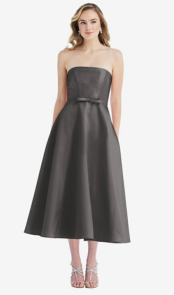 Front View - Caviar Gray Strapless Bow-Waist Full Skirt Satin Midi Dress
