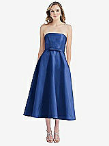 Front View Thumbnail - Classic Blue Strapless Bow-Waist Full Skirt Satin Midi Dress