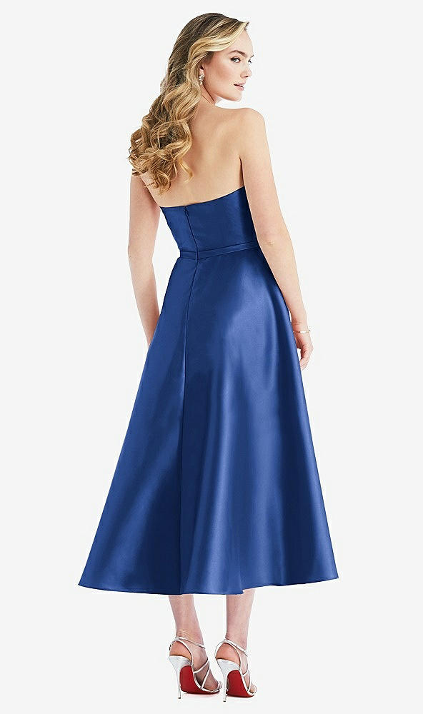 Back View - Classic Blue Strapless Bow-Waist Full Skirt Satin Midi Dress