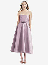 Front View Thumbnail - Suede Rose Strapless Bow-Waist Full Skirt Satin Midi Dress