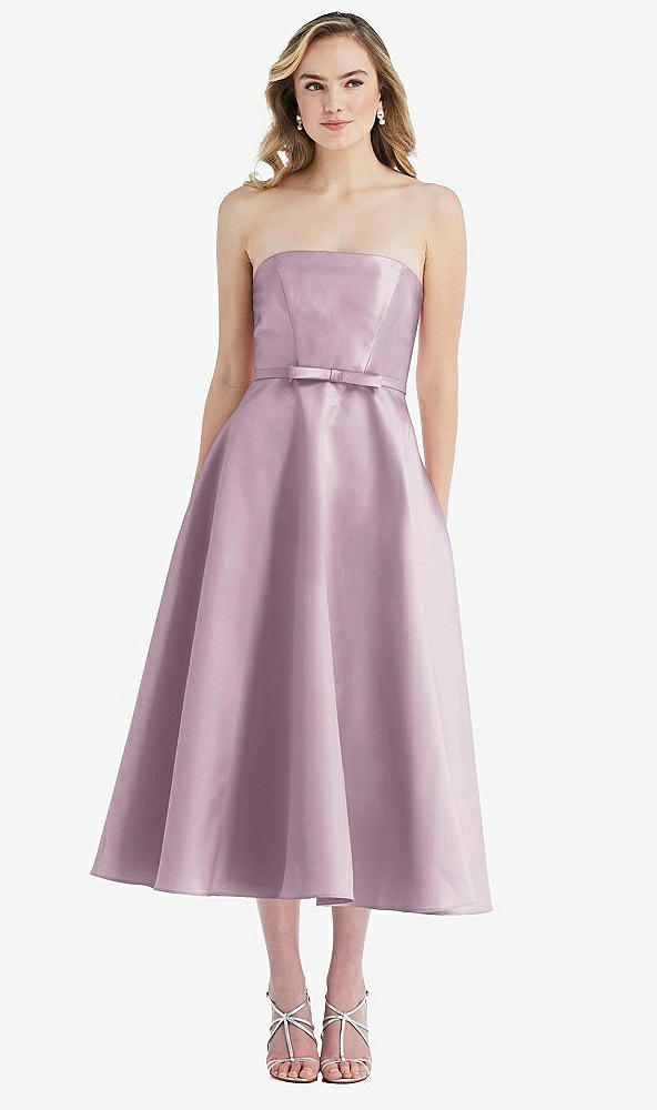Front View - Suede Rose Strapless Bow-Waist Full Skirt Satin Midi Dress