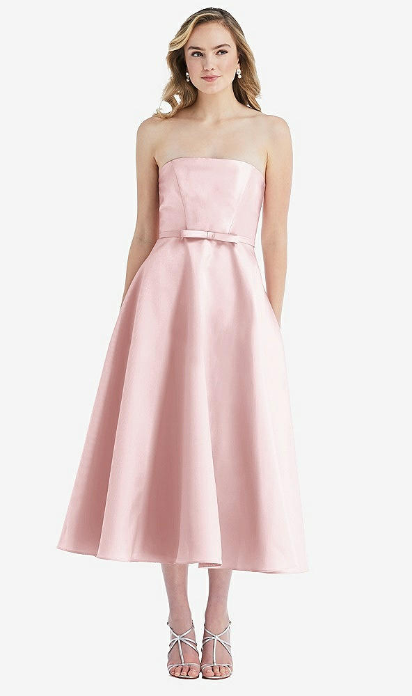 Front View - Ballet Pink Strapless Bow-Waist Full Skirt Satin Midi Dress