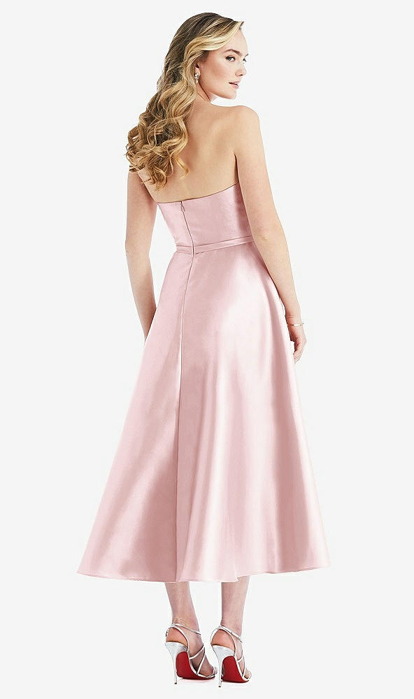 Back View - Ballet Pink Strapless Bow-Waist Full Skirt Satin Midi Dress