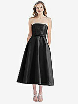 Front View Thumbnail - Black Strapless Bow-Waist Full Skirt Satin Midi Dress