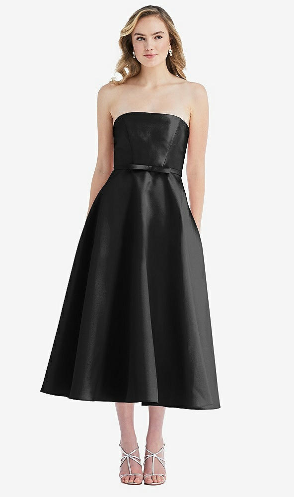 Front View - Black Strapless Bow-Waist Full Skirt Satin Midi Dress