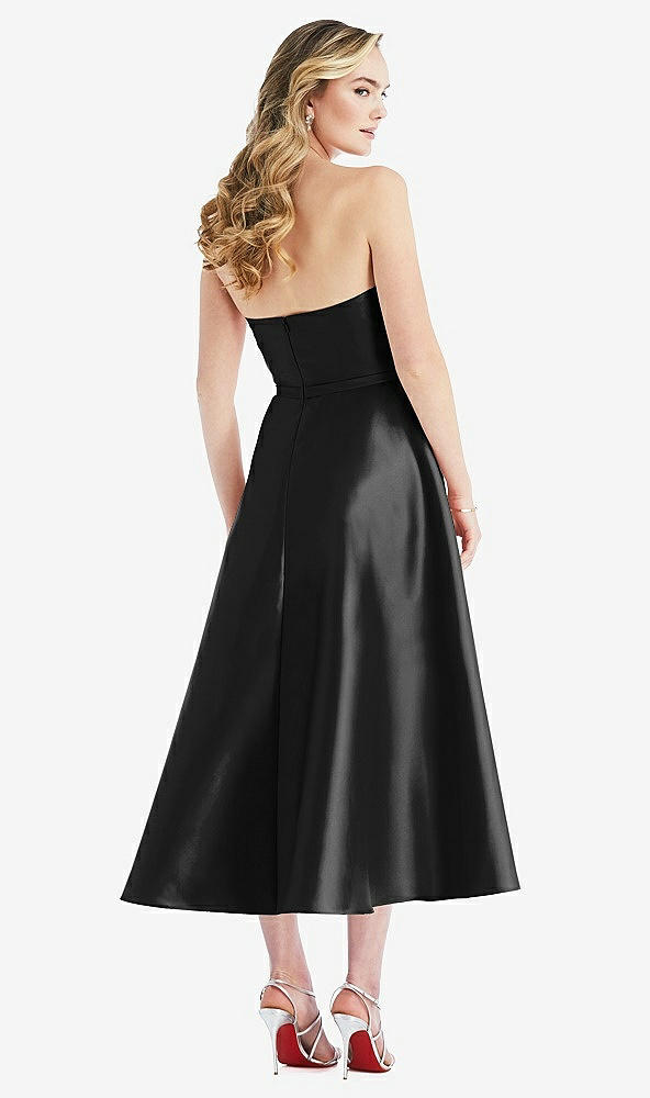 Back View - Black Strapless Bow-Waist Full Skirt Satin Midi Dress