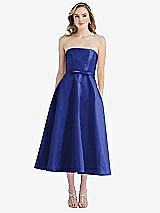 Front View Thumbnail - Cobalt Blue Strapless Bow-Waist Full Skirt Satin Midi Dress