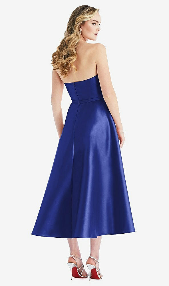 Back View - Cobalt Blue Strapless Bow-Waist Full Skirt Satin Midi Dress