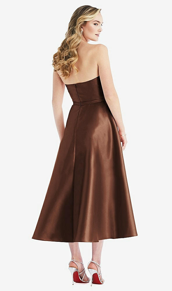 Back View - Cognac Strapless Bow-Waist Full Skirt Satin Midi Dress