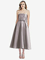 Front View Thumbnail - Cashmere Gray Strapless Bow-Waist Full Skirt Satin Midi Dress
