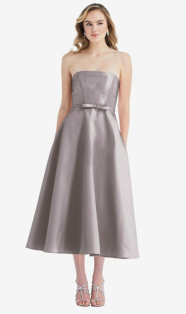 Front View - Cashmere Gray Strapless Bow-Waist Full Skirt Satin Midi Dress