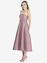 Side View Thumbnail - Dusty Rose Strapless Bow-Waist Full Skirt Satin Midi Dress