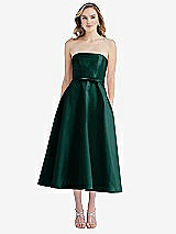 Front View Thumbnail - Evergreen Strapless Bow-Waist Full Skirt Satin Midi Dress