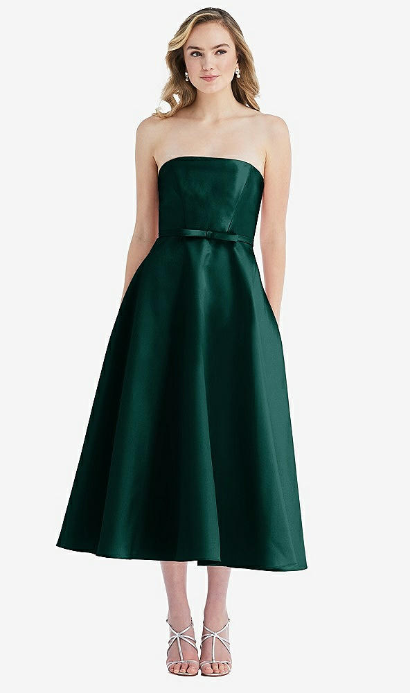 Front View - Evergreen Strapless Bow-Waist Full Skirt Satin Midi Dress