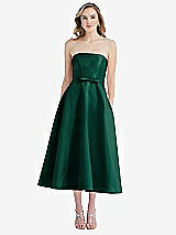 Front View Thumbnail - Hunter Green Strapless Bow-Waist Full Skirt Satin Midi Dress