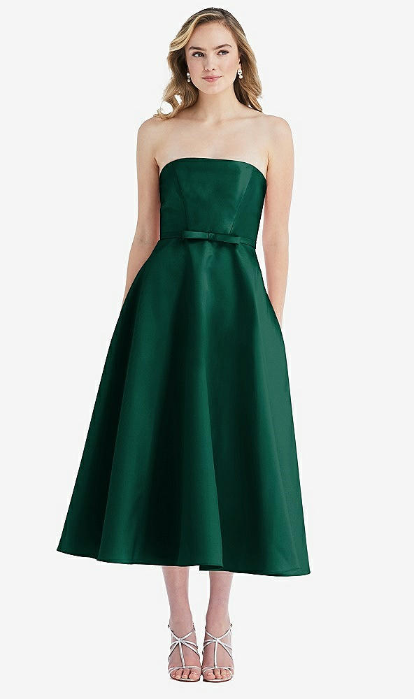 Front View - Hunter Green Strapless Bow-Waist Full Skirt Satin Midi Dress
