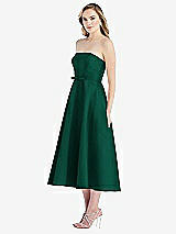 Side View Thumbnail - Hunter Green Strapless Bow-Waist Full Skirt Satin Midi Dress