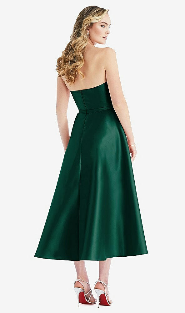Back View - Hunter Green Strapless Bow-Waist Full Skirt Satin Midi Dress