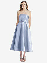 Front View Thumbnail - Sky Blue Strapless Bow-Waist Full Skirt Satin Midi Dress