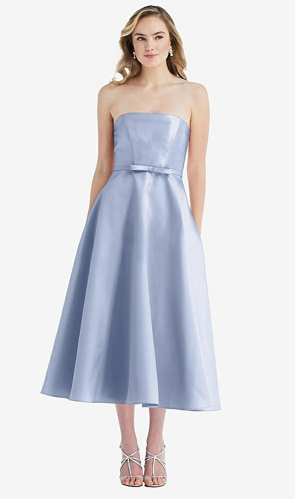 Front View - Sky Blue Strapless Bow-Waist Full Skirt Satin Midi Dress
