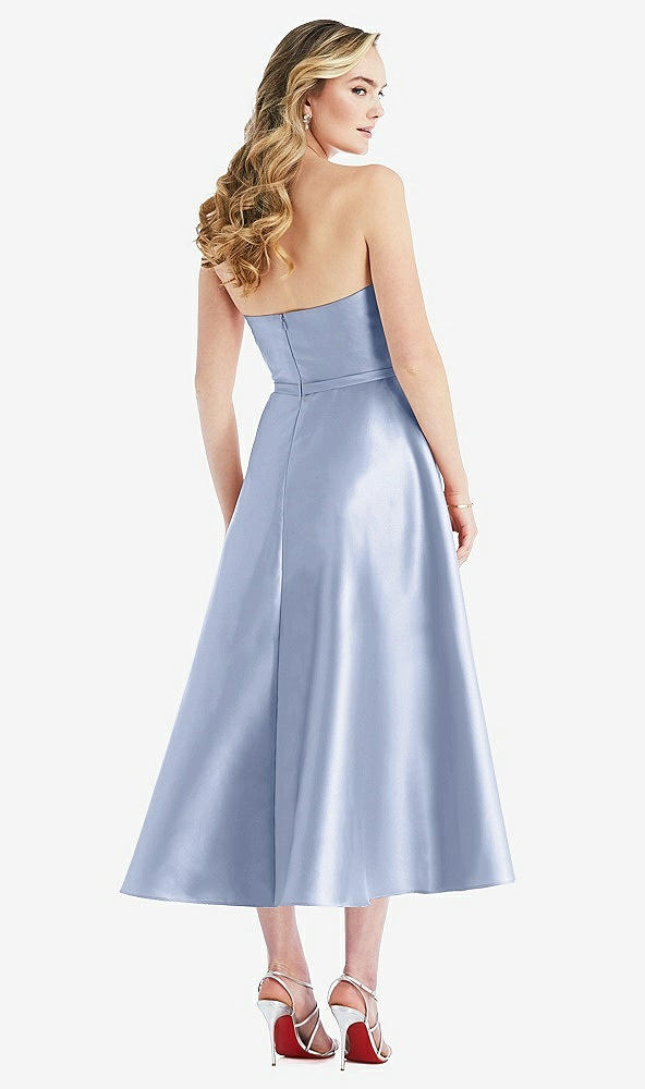 Back View - Sky Blue Strapless Bow-Waist Full Skirt Satin Midi Dress