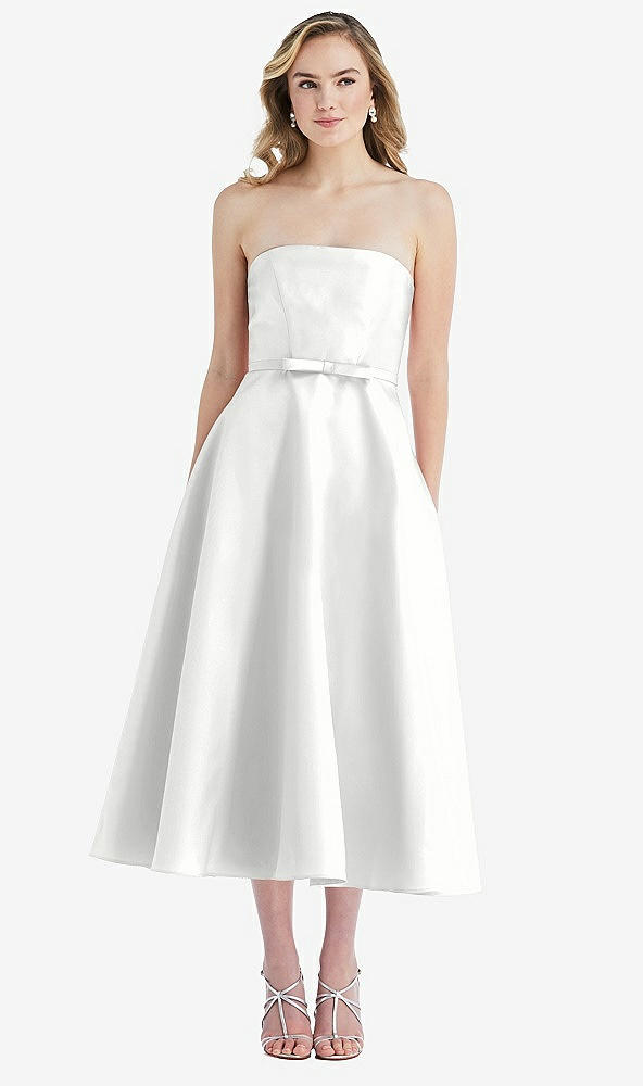 Front View - White Strapless Bow-Waist Full Skirt Satin Midi Dress