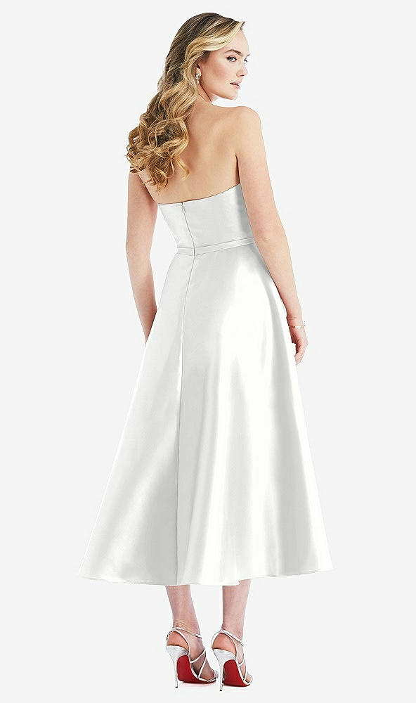 Back View - White Strapless Bow-Waist Full Skirt Satin Midi Dress
