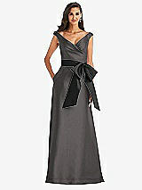 Front View Thumbnail - Caviar Gray & Black Off-the-Shoulder Bow-Waist Maxi Dress with Pockets