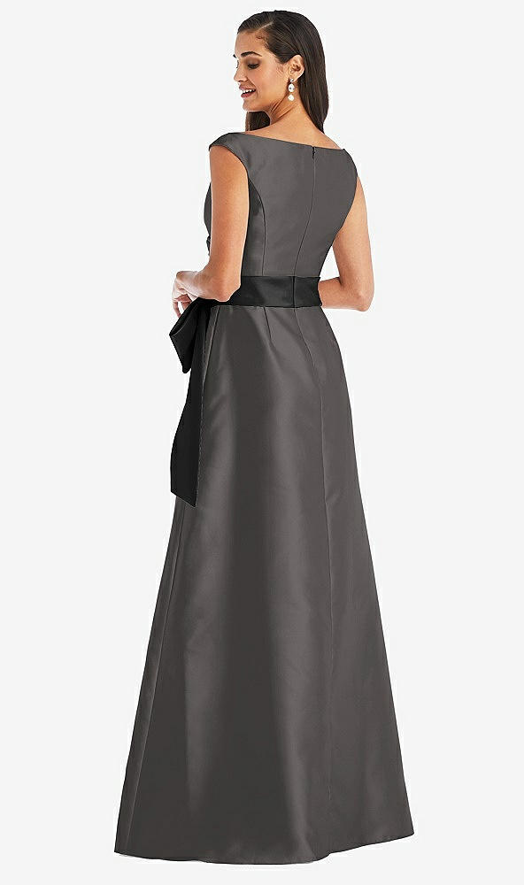 Back View - Caviar Gray & Black Off-the-Shoulder Bow-Waist Maxi Dress with Pockets