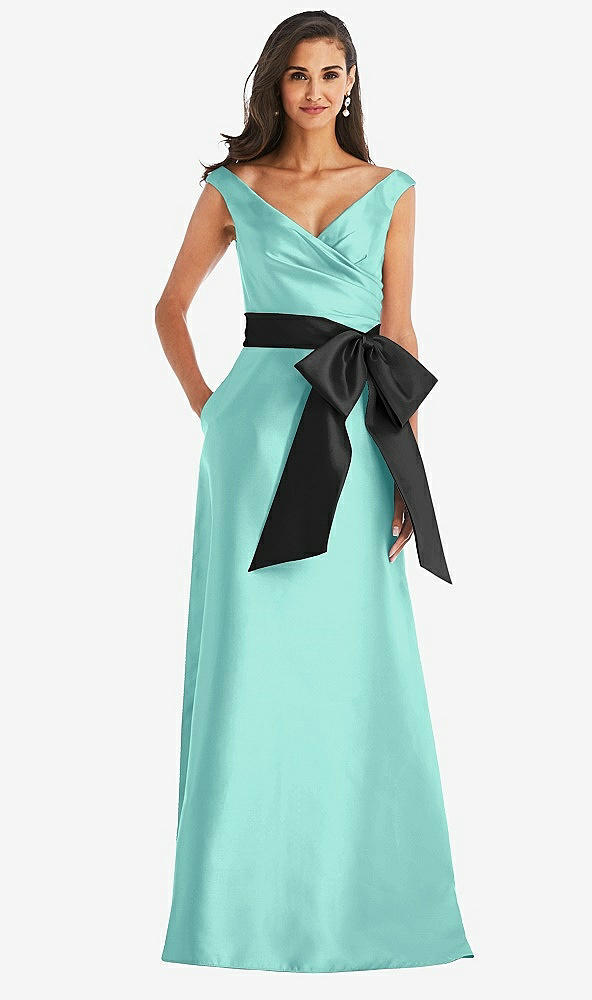 Front View - Coastal & Black Off-the-Shoulder Bow-Waist Maxi Dress with Pockets
