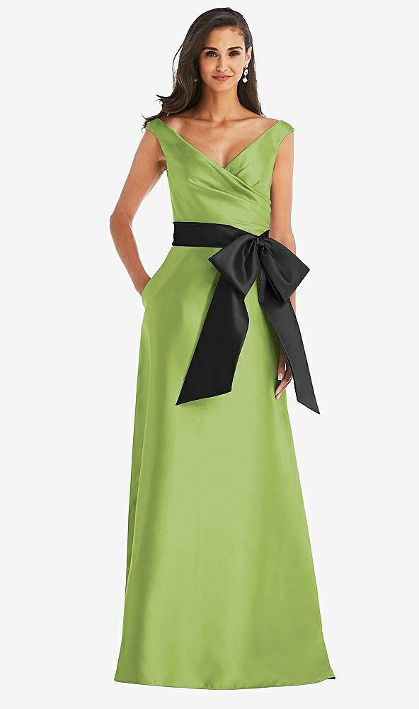 Front View - Mojito & Black Off-the-Shoulder Bow-Waist Maxi Dress with Pockets