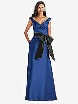 Front View Thumbnail - Classic Blue & Black Off-the-Shoulder Bow-Waist Maxi Dress with Pockets