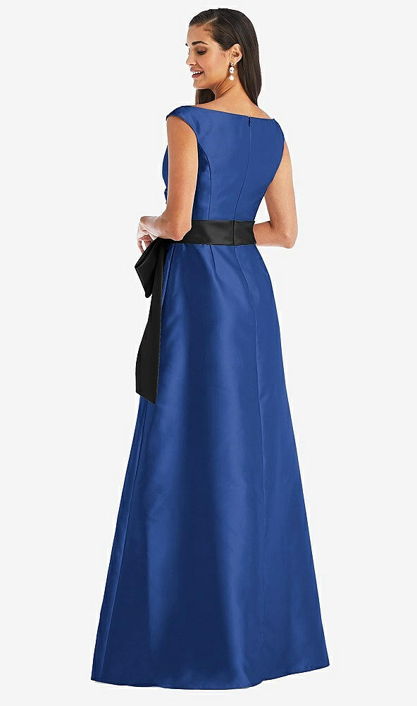 Back View - Classic Blue & Black Off-the-Shoulder Bow-Waist Maxi Dress with Pockets
