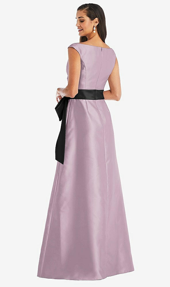 Back View - Suede Rose & Black Off-the-Shoulder Bow-Waist Maxi Dress with Pockets