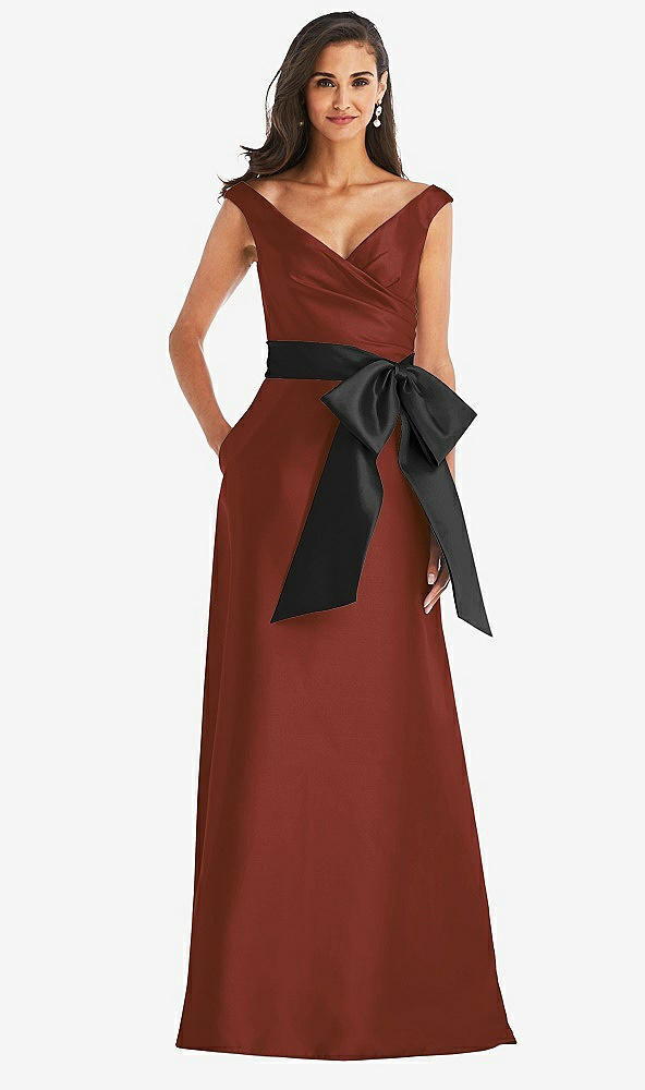 Front View - Auburn Moon & Black Off-the-Shoulder Bow-Waist Maxi Dress with Pockets