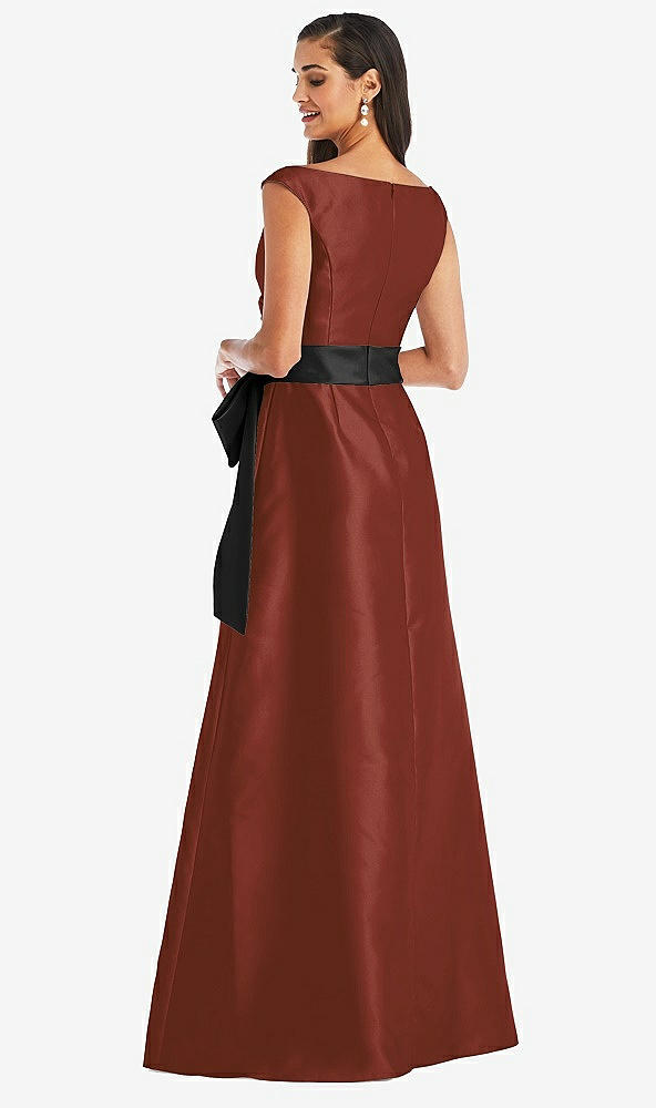 Back View - Auburn Moon & Black Off-the-Shoulder Bow-Waist Maxi Dress with Pockets