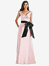 Front View Thumbnail - Ballet Pink & Black Off-the-Shoulder Bow-Waist Maxi Dress with Pockets