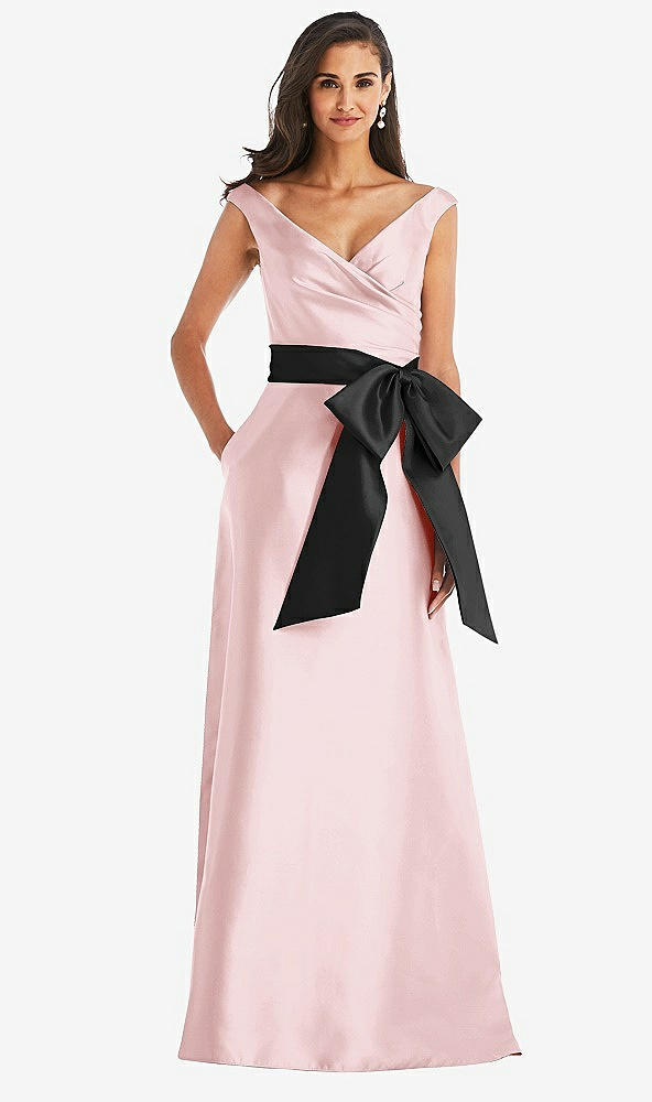 Front View - Ballet Pink & Black Off-the-Shoulder Bow-Waist Maxi Dress with Pockets