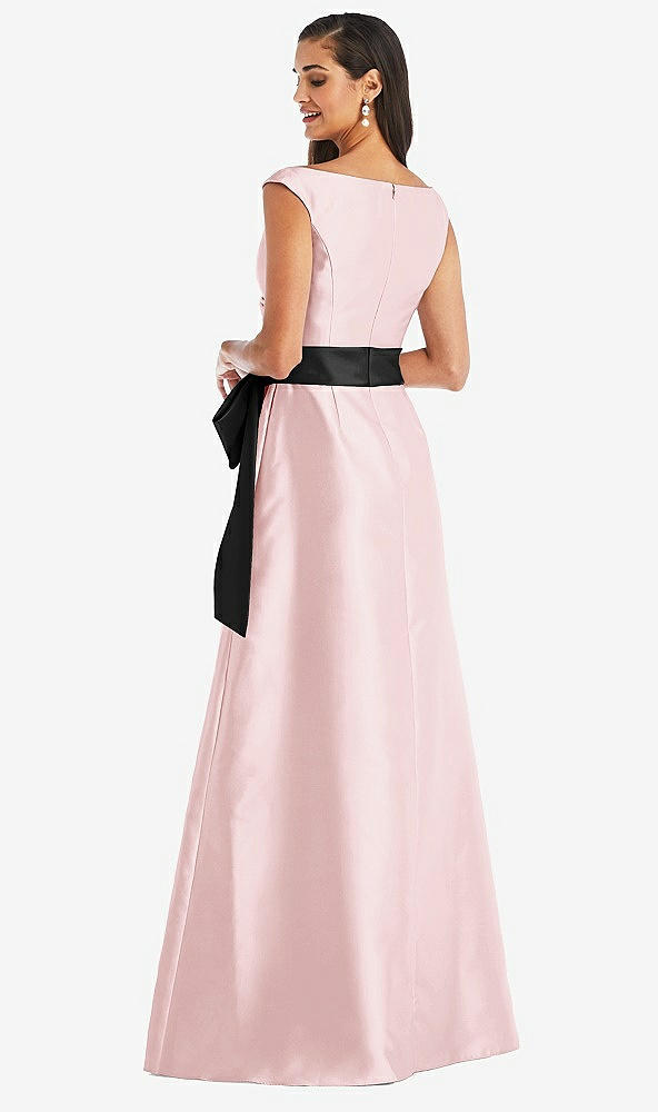 Back View - Ballet Pink & Black Off-the-Shoulder Bow-Waist Maxi Dress with Pockets