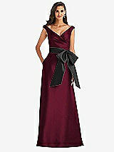 Front View Thumbnail - Cabernet & Black Off-the-Shoulder Bow-Waist Maxi Dress with Pockets